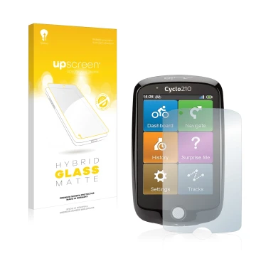 Face avant d’un emballage produit avec le logo de la marque upscreen. À côté, l’appareil Mio Cyclo 210 est représenté avec la 