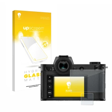 Face avant d’un emballage produit avec le logo de la marque upscreen. À côté, l’appareil Leica SL2-S est représenté avec la pr