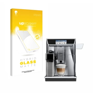 Face avant d’un emballage produit avec le logo de la marque upscreen. À côté, l’appareil DeLonghi PrimaDonna Elite Experience 