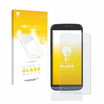 Face avant d’un emballage produit avec le logo de la marque upscreen. À côté, l’appareil Doro 8050 Plus est représenté avec la