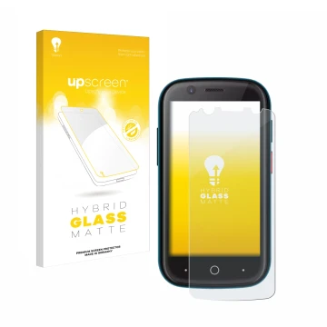 Face avant d’un emballage produit avec le logo de la marque upscreen. À côté, l’appareil Unihertz Jelly 2 est représenté avec 