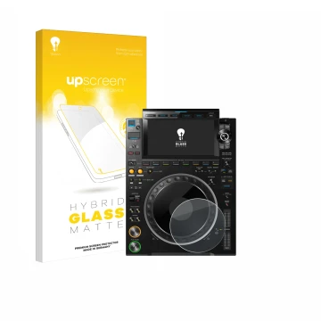 Face avant d’un emballage produit avec le logo de la marque upscreen. À côté, l’appareil Pioneer CDJ 3000 (Cercle) est représe