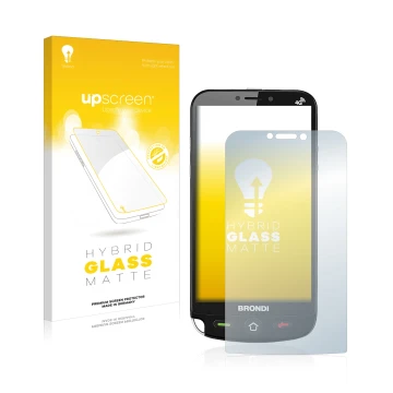 Face avant d’un emballage produit avec le logo de la marque upscreen. À côté, l’appareil Brondi Amico Dual Sim est représenté 