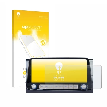 Face avant d’un emballage produit avec le logo de la marque upscreen. À côté, l’appareil Hyundai Kona 2020 Infotainment System