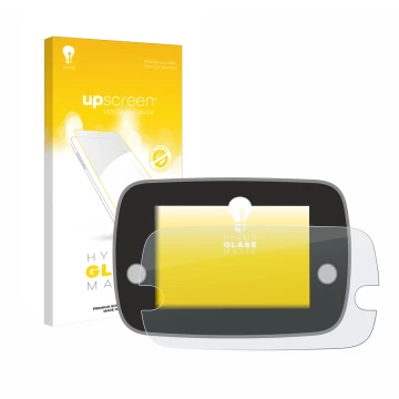 Face avant d’un emballage produit avec le logo de la marque upscreen. À côté, l’appareil Fiat 500 Series 8 2020 Uconnect 7