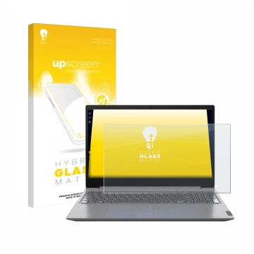 Face avant d’un emballage produit avec le logo de la marque upscreen. À côté, l’appareil Lenovo V15 82C70005GE est représenté 