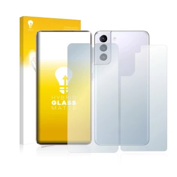 Face avant d’un emballage produit avec le logo de la marque upscreen. À côté, l’appareil Samsung Galaxy S21 5G (Avant+Arrière)