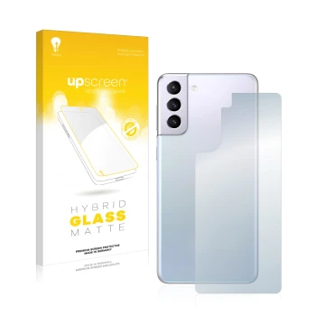 Face avant d’un emballage produit avec le logo de la marque upscreen. À côté, l’appareil Samsung Galaxy S21 5G (Arrière) est r