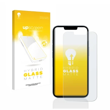 Face avant d’un emballage produit avec le logo de la marque upscreen. À côté, l’appareil Apple iPhone 13 Pro est représenté av