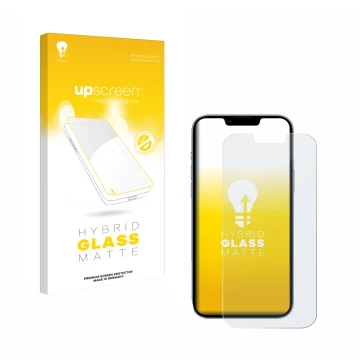Face avant d’un emballage produit avec le logo de la marque upscreen. À côté, l’appareil Apple iPhone 13 Pro Max est représent