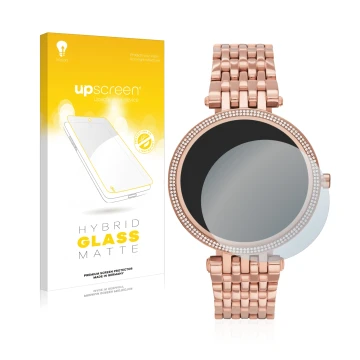 Face avant d’un emballage produit avec le logo de la marque upscreen. À côté, l’appareil Michael Kors Access Darci Gen 5E est 