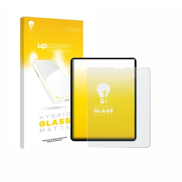 Face avant d’un emballage produit avec le logo de la marque upscreen. À côté, l’appareil Apple iPad Pro 12.9