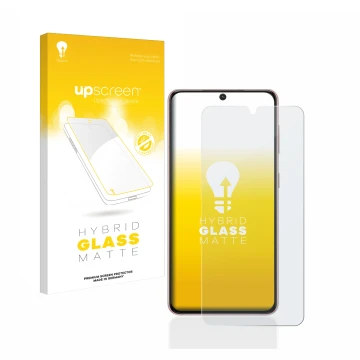 Face avant d’un emballage produit avec le logo de la marque upscreen. À côté, l’appareil Samsung Galaxy S21 est représenté ave