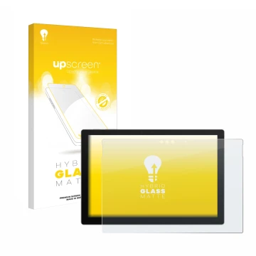 Face avant d’un emballage produit avec le logo de la marque upscreen. À côté, l’appareil Microsoft Surface Pro 7 Plus est repr