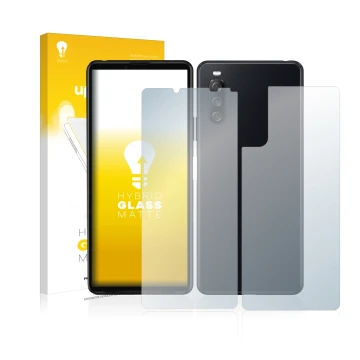 Face avant d’un emballage produit avec le logo de la marque upscreen. À côté, l’appareil Sony Xperia 10 III (Avant+Arrière) es