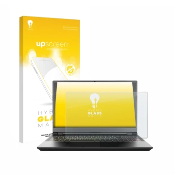 Face avant d’un emballage produit avec le logo de la marque upscreen. À côté, l’appareil Schenker XMG Pro 15
