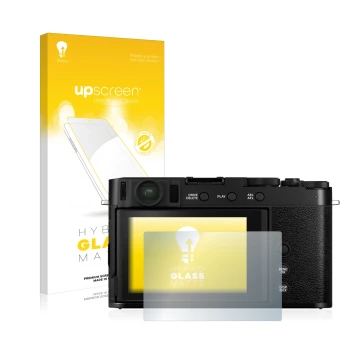 Face avant d’un emballage produit avec le logo de la marque upscreen. À côté, l’appareil Fujifilm X-E4 est représenté avec la 