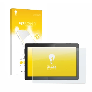 Face avant d’un emballage produit avec le logo de la marque upscreen. À côté, l’appareil Lenovo Tab M10 TB-X505F est représent