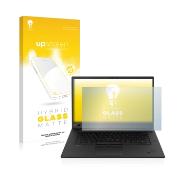 Face avant d’un emballage produit avec le logo de la marque upscreen. À côté, l’appareil Lenovo ThinkPad P1 Gen 3 est représen