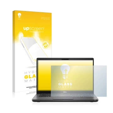 Face avant d’un emballage produit avec le logo de la marque upscreen. À côté, l’appareil Dell Latitude 5410 est représenté ave