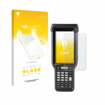 Face avant d’un emballage produit avec le logo de la marque upscreen. À côté, l’appareil Honeywell ScanPal EDA61K est représen