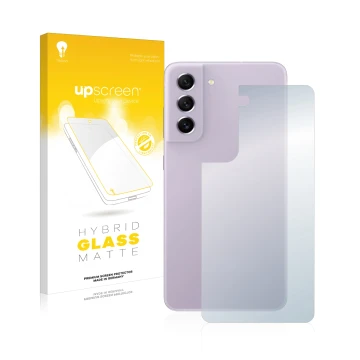 Face avant d’un emballage produit avec le logo de la marque upscreen. À côté, l’appareil Samsung Galaxy S21 FE 5G (Arrière) es