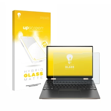 Face avant d’un emballage produit avec le logo de la marque upscreen. À côté, l’appareil HP Spectre x360 (14-eX) 2021 est repr