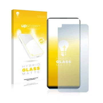 Face avant d’un emballage produit avec le logo de la marque upscreen. À côté, l’appareil realme 8 est représenté avec la prote