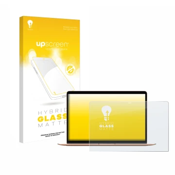 Face avant d’un emballage produit avec le logo de la marque upscreen. À côté, l’appareil Apple MacBook Air M1 2020 est représe