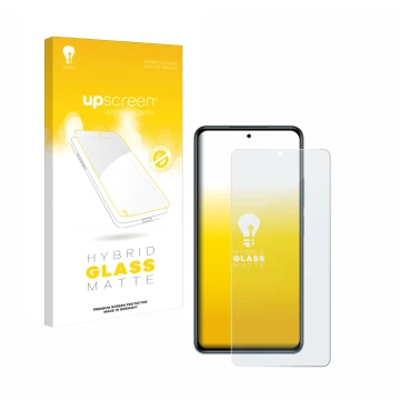 Face avant d’un emballage produit avec le logo de la marque upscreen. À côté, l’appareil Xiaomi Poco F3 est représenté avec la