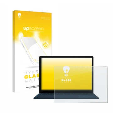 Face avant d’un emballage produit avec le logo de la marque upscreen. À côté, l’appareil Microsoft Surface Laptop 4 13.5