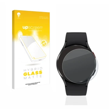Face avant d’un emballage produit avec le logo de la marque upscreen. À côté, l’appareil Samsung Galaxy Watch 4 (40mm) est rep