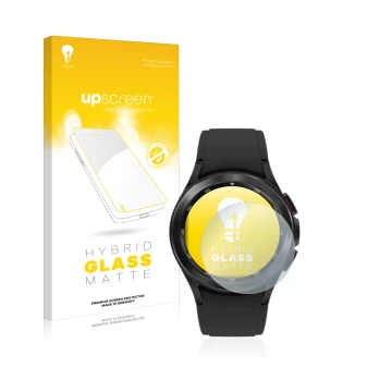 Face avant d’un emballage produit avec le logo de la marque upscreen. À côté, l’appareil Samsung Galaxy Watch 4 Classic (42mm)