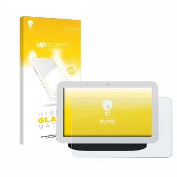 Face avant d’un emballage produit avec le logo de la marque upscreen. À côté, l’appareil Google Nest Hub 2 est représenté avec