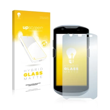 Face avant d’un emballage produit avec le logo de la marque upscreen. À côté, l’appareil Zebra TC52x est représenté avec la pr