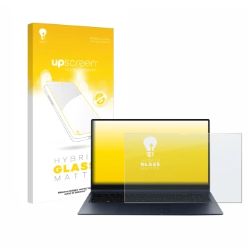 Face avant d’un emballage produit avec le logo de la marque upscreen. À côté, l’appareil Samsung Galaxy Book Pro 360 15