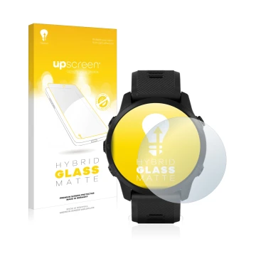 Face avant d’un emballage produit avec le logo de la marque upscreen. À côté, l’appareil Garmin Forerunner 945 LTE est représe