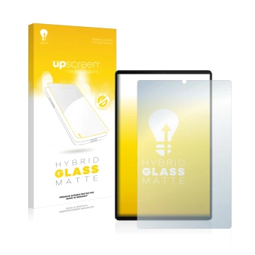 Face avant d’un emballage produit avec le logo de la marque upscreen. À côté, l’appareil Lenovo Tab M10 FHD Plus est représent