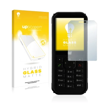 Face avant d’un emballage produit avec le logo de la marque upscreen. À côté, l’appareil Caterpillar Cat B40 est représenté av