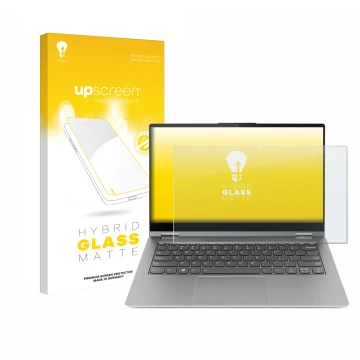 Face avant d’un emballage produit avec le logo de la marque upscreen. À côté, l’appareil Lenovo ThinkBook 14s Yoga est représe