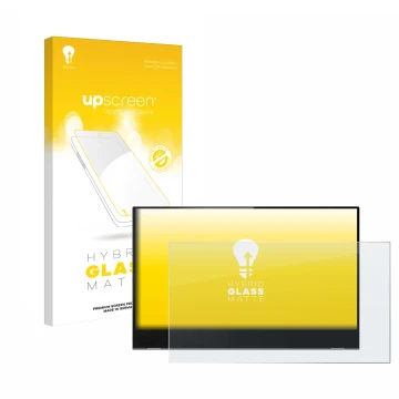 Face avant d’un emballage produit avec le logo de la marque upscreen. À côté, l’appareil Lenovo ThinkVision M14t est représent