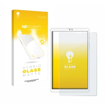 Face avant d’un emballage produit avec le logo de la marque upscreen. À côté, l’appareil Samsung Galaxy Tab A7 Lite LTE 2021 (