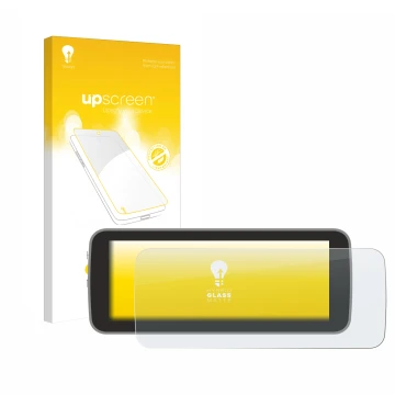 Face avant d’un emballage produit avec le logo de la marque upscreen. À côté, l’appareil Fiat 500 E Uconnect 5 10