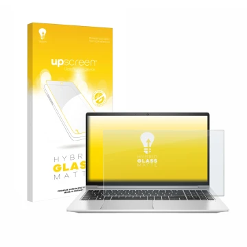 Face avant d’un emballage produit avec le logo de la marque upscreen. À côté, l’appareil HP ProBook 450 G8 est représenté avec