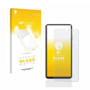 Face avant d’un emballage produit avec le logo de la marque upscreen. À côté, l’appareil Samsung Galaxy S21 FE 5G est représen