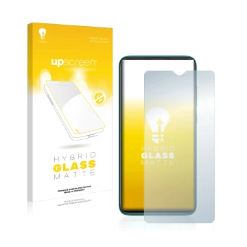 Face avant d’un emballage produit avec le logo de la marque upscreen. À côté, l’appareil Xiaomi Redmi Note 8 2021 est représen