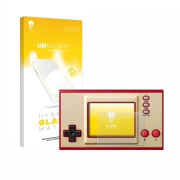 Face avant d’un emballage produit avec le logo de la marque upscreen. À côté, l’appareil Nintendo Game & Watch Super Mario Bro