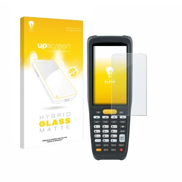 Face avant d’un emballage produit avec le logo de la marque upscreen. À côté, l’appareil Zebra MC2200 est représenté avec la p