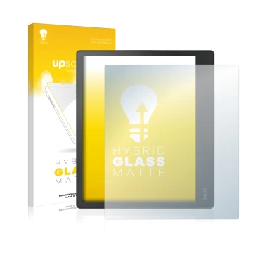 Face avant d’un emballage produit avec le logo de la marque upscreen. À côté, l’appareil Kobo Elipsa est représenté avec la pr