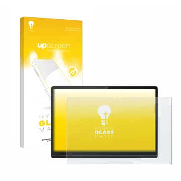 Face avant d’un emballage produit avec le logo de la marque upscreen. À côté, l’appareil Lenovo Yoga Tab 13 est représenté ave